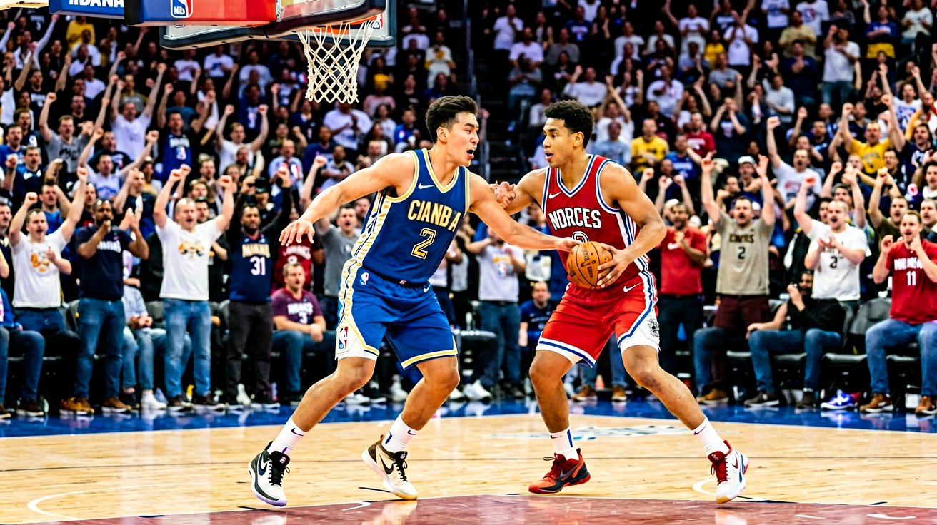 NBA篮球赛场，球员激烈对抗，观众欢呼，展现职业篮球竞技魅力