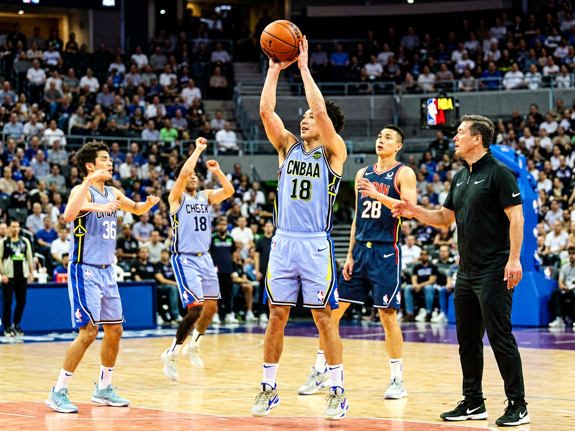 NBA球员训练场景，球员在球场上进行投篮训练，教练在一旁指导